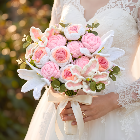 Wedding Crochet Pink & White Floral Handheld Bouquet - Handmade Hypoallergenic Lily, Rose, Baby's Breath - Allergen-Free Gift