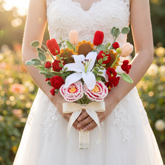 Wedding Handcrafted Crochet Anniversary Flowers with White Lily, Yellow; Red Tulips, Sunflower, Red Camellia, Red Lily of the Valley, Burgundy Peony