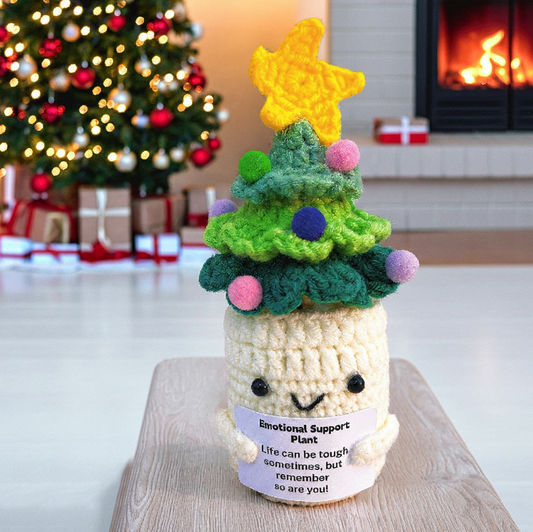 Emotional Support Crochet Christmas Tree, Handmade Xmas Holiday Festive Decor, Tabletop Ornament with Customizable Encouragement Card, Gift for Friends