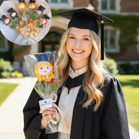 Customizable Crochet Graduation Doll Flower Mini Bouquet - Pride Graduate Customizable Text with 3 Hair Colors, Customizable "Class of 2025" Card, Clear Wrap & Ribbon - Hypoallergenic Gift for Graduation, Teacher Appreciation & School Events