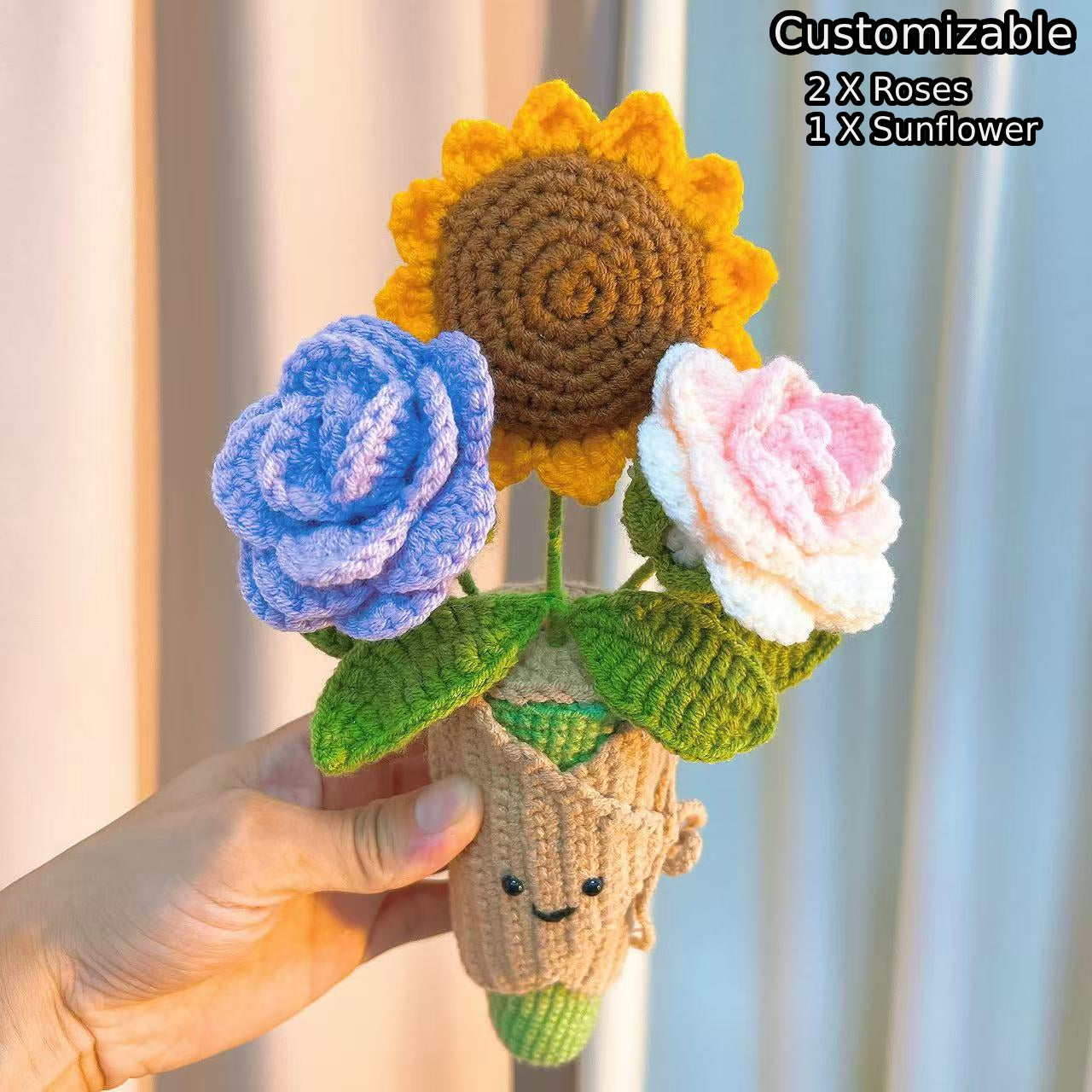 Crochet Colorful Uplifting Handheld Bouquet, Compatible with Our Flowers - Handmade Allergy-Friendly Happy Floral Arrangement - White, Yellow & Pink Flowers - Ideal for Birthdays, Jelly Theme Weddings & Special Events