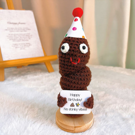 Handmade Crochet Birthday Poop with Customizable Card and Wooden Base, Colorful Polka Dot Hat, White Elephant, Novelty, Happy Birthday Funny Gag Gift for Friends