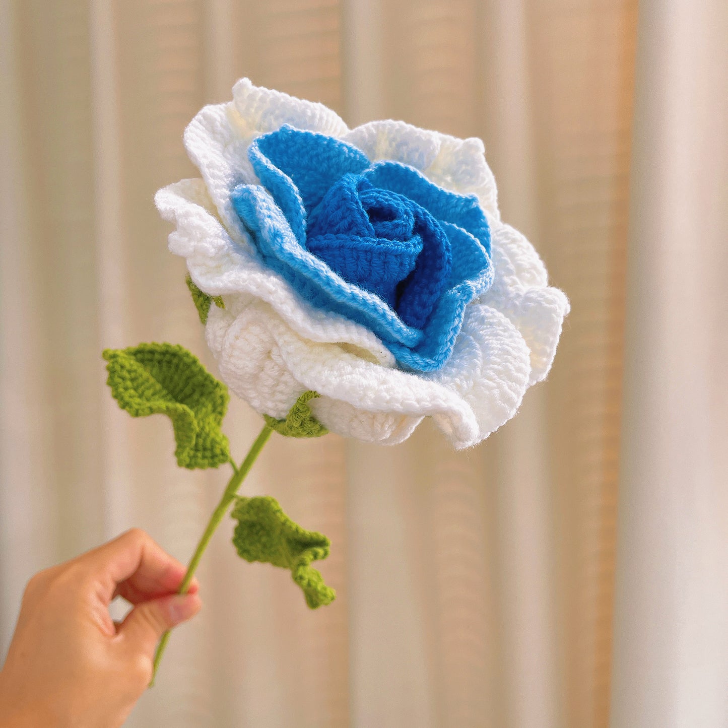 Blue Hues Handcrafted Crochet Flower Bouquet - Featuring Large Ombre White to Blue Roses, Light Blue Blooming Tulips, Dark Blue Unopened Tulips, Light & Dark Blue & Ombre White to Blue Mini Roses for Home Décor & Special Occasions
