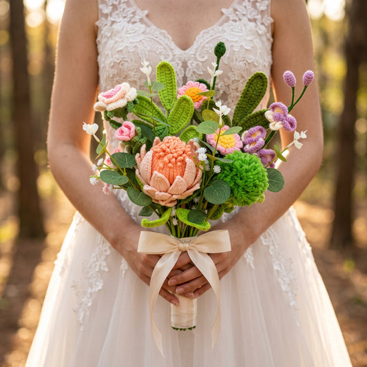 Wedding Artisan Crochet Greenery Blossom Bouquet - Handmade Protea Eucalyptus Gradation Roses - Allergy-Friendly