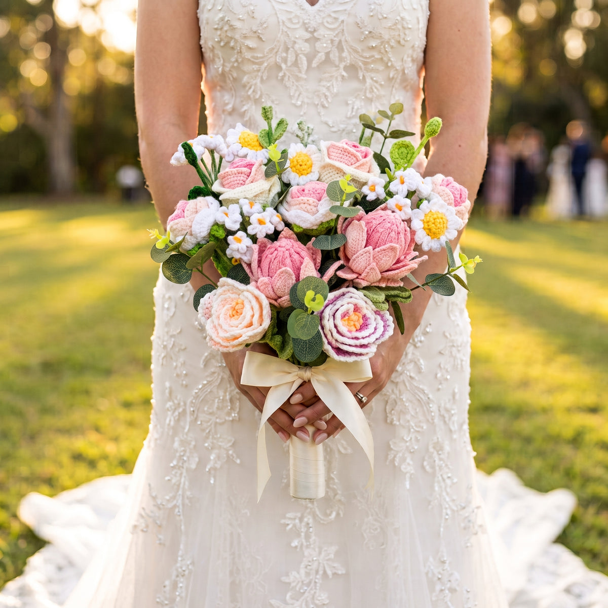 Wedding Large Handmade Crochet Flower Bouquet - Arrangement with Protea, Peony, Roses, Daisies - Allergy-Free Artificial Floral Gift for Wedding