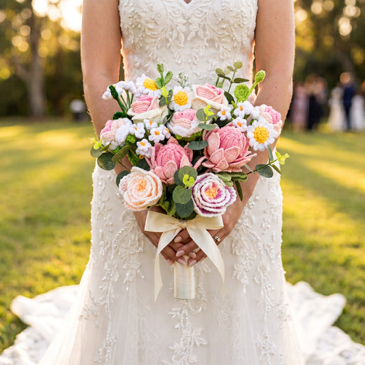Wedding Large Handmade Crochet Flower Bouquet - Arrangement with Protea, Peony, Roses, Daisies - Allergy-Free Artificial Floral Gift for Wedding