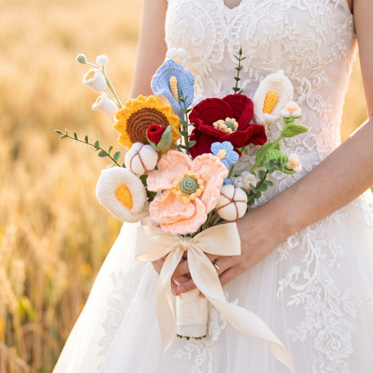 Wedding Handcrafted Big Poppy Crocheted Bouquet - Mix of Red Pink Dahlias, White; Blue Calla Lilies, Peonies, Cotton, Sunflowers, Gardenias; White Lily of the Valley. Perfect for Any Occasions Loved Ones