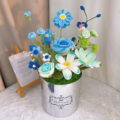 Handmade Crochet Flower Bouquet in Silver Bucket – Perfect for Weddings, Anniversaries, Mother's Day, Valentine's Day, Housewarming, Office Decor, and Gift Giving