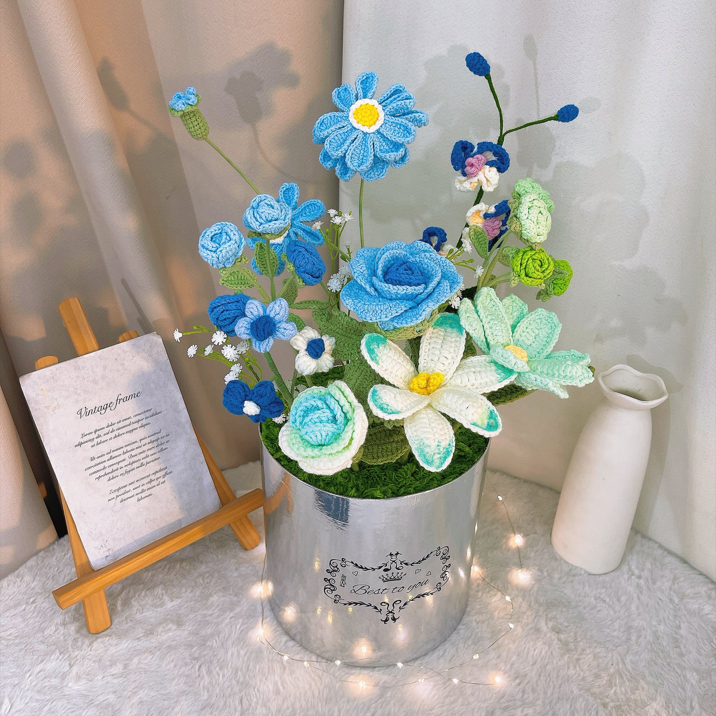 Handmade Crochet Flower Bouquet in Silver Bucket – Perfect for Weddings, Anniversaries, Mother's Day, Valentine's Day, Housewarming, Office Decor, and Gift Giving