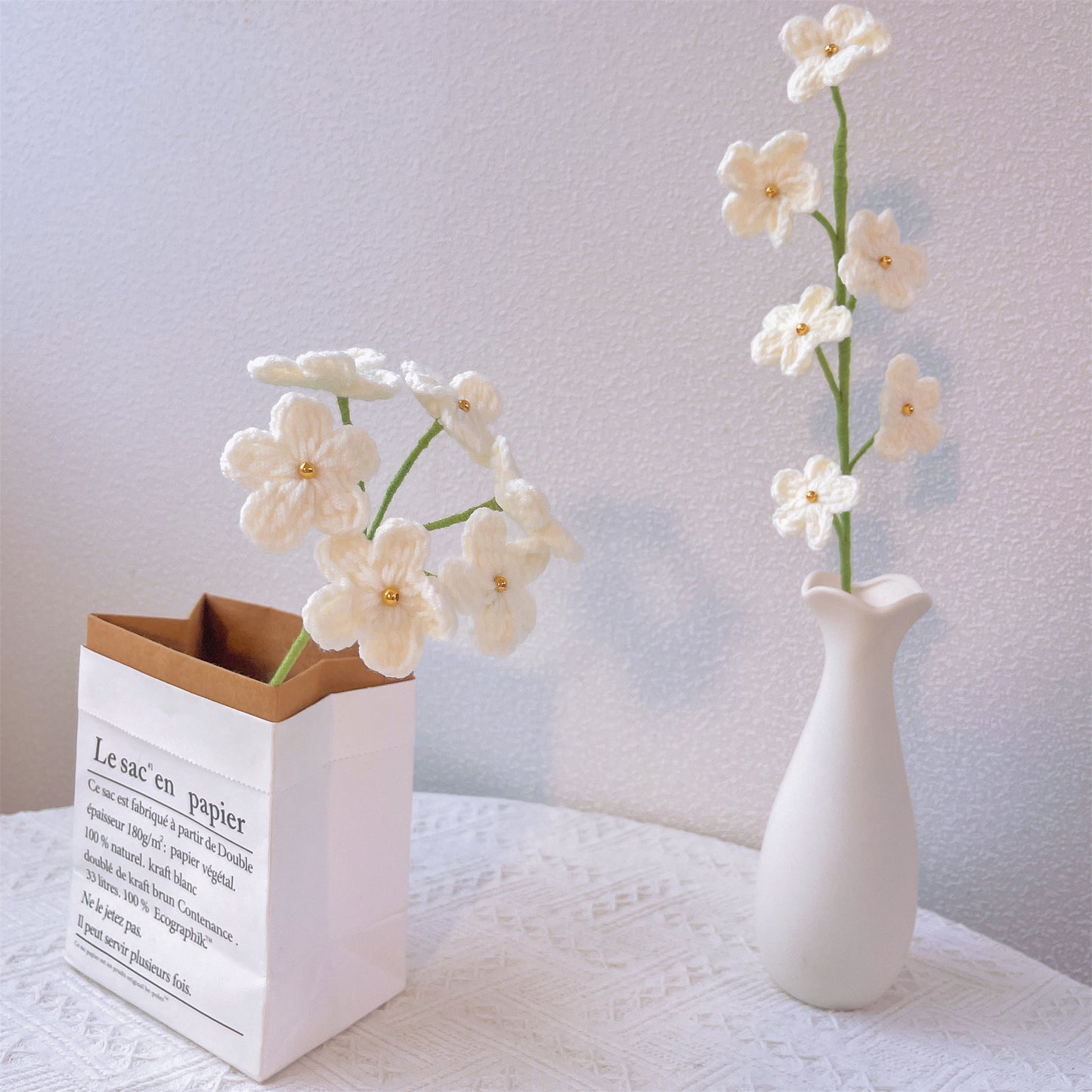 Gehäkelte Vergissmeinnicht-Strickblumen – Blumenstrauß, Blumen für Vase, Tischdekoration, Herzstück, Hochzeitsdekoration, einzigartiges Dekor