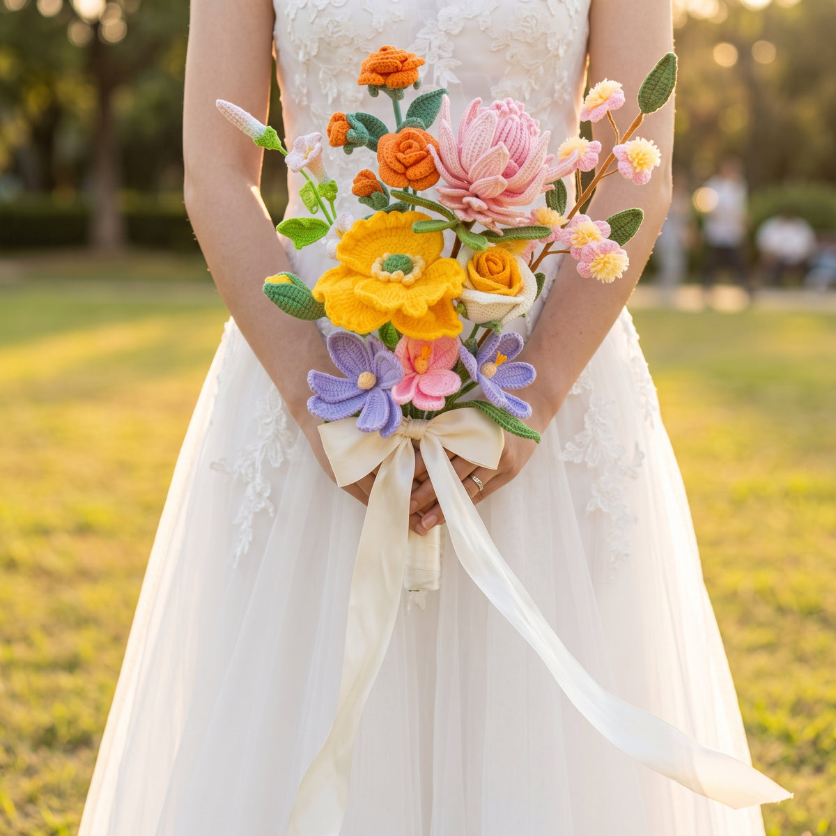 Wedding Hand Crochet Ready-to-Vase Floral Handheld Bouquet - Hypoallergenic Artificial Protea, Ranunculus, Tulip, Poppy, Rose Arrangement