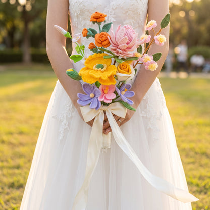 Wedding Hand Crochet Ready-to-Vase Floral Handheld Bouquet - Hypoallergenic Artificial Protea, Ranunculus, Tulip, Poppy, Rose Arrangement