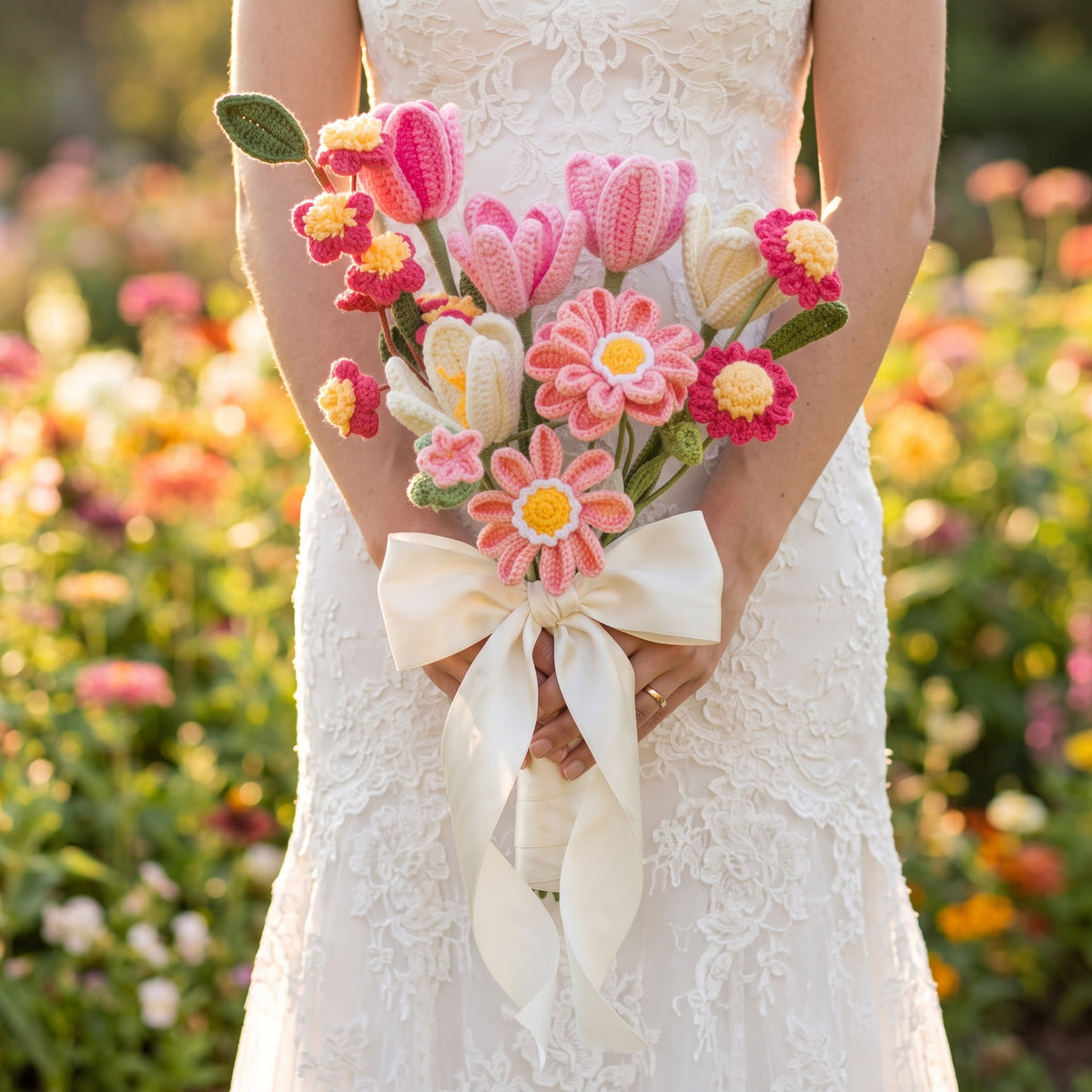Wedding Heartfelt Crochet Flower Bouquet - Blooming Pink; White Tulips, Pink Zinnias, Red Peach Blossoms, Red Daisies, Artificial Flowers