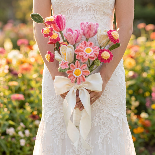 Wedding Heartfelt Crochet Flower Bouquet - Blooming Pink; White Tulips, Pink Zinnias, Red Peach Blossoms, Red Daisies, Artificial Flowers