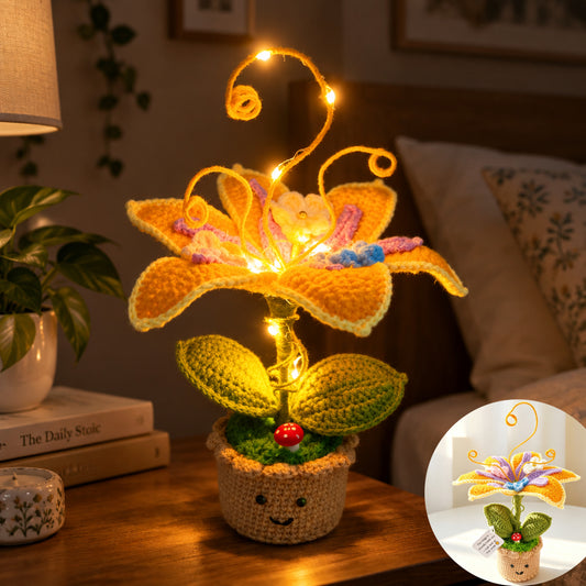 Handmade Crochet Lily Potted Plant with Customizable Supportive Message - Custom Card | Cute Face Planter | Gift for Birthday, Mother's Day, Valentine's