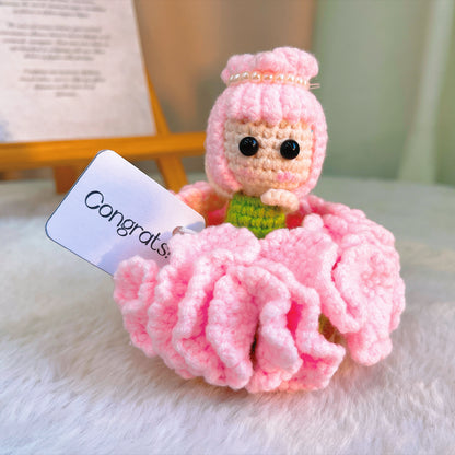 Handmade Crochet Carnation Fairy with Wooden Base and Custom Text |Flower Fairy w/ Custom Card "Congrats!", Gift for Graduation, Birthday, Mother's Day, New Job