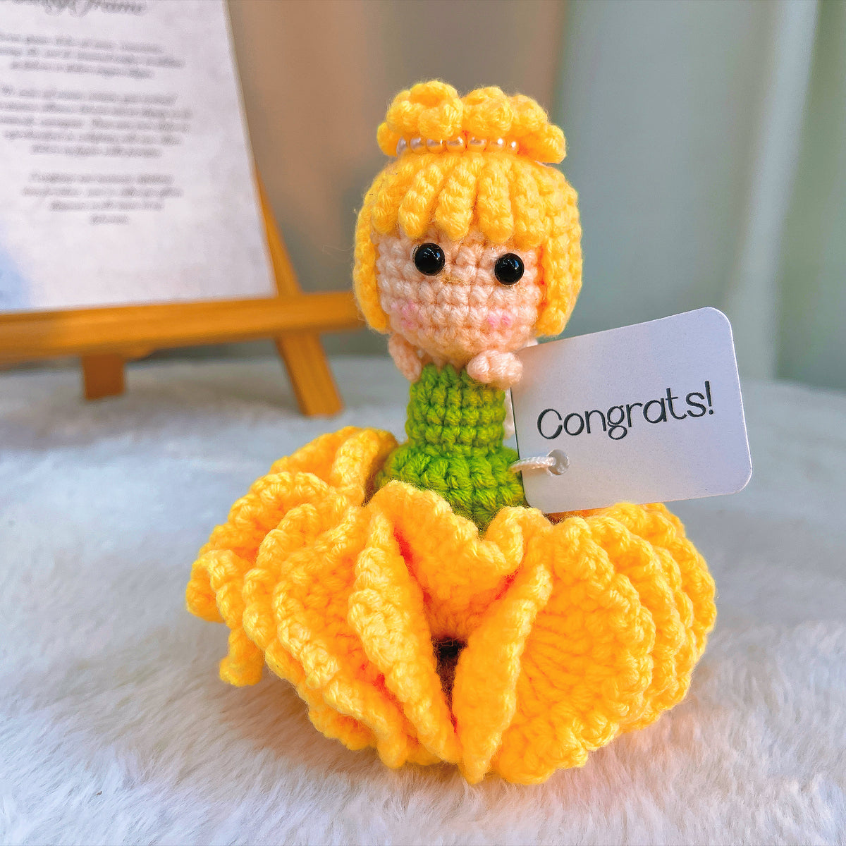 Handmade Crochet Carnation Fairy with Wooden Base and Custom Text |Flower Fairy w/ Custom Card "Congrats!", Gift for Graduation, Birthday, Mother's Day, New Job