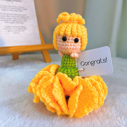 Handmade Crochet Carnation Fairy with Wooden Base and Custom Text |Flower Fairy w/ Custom Card "Congrats!", Gift for Graduation, Birthday, Mother's Day, New Job