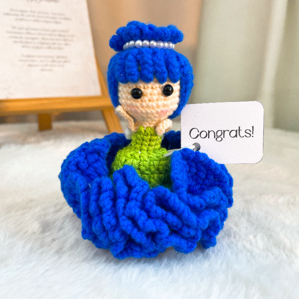 Handmade Crochet Carnation Fairy with Wooden Base and Custom Text |Flower Fairy w/ Custom Card "Congrats!", Gift for Graduation, Birthday, Mother's Day, New Job