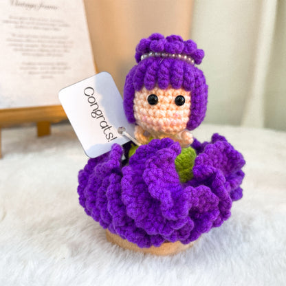 Handmade Crochet Carnation Fairy with Wooden Base and Custom Text |Flower Fairy w/ Custom Card "Congrats!", Gift for Graduation, Birthday, Mother's Day, New Job