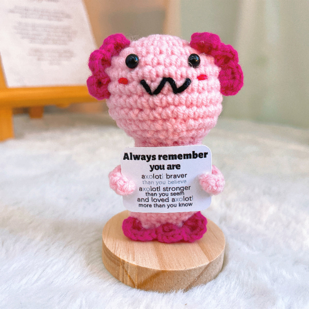 Handmade Crochet Axolotl Figurine, Pink Salamander Plush with Wooden Base, Customizable Card, Positive Affirmation Gift, Cute Desk Decor, Encouragement Gift for Her Him, Birthday, Get Well Soon, Graduation, Thinking of You, Christmas