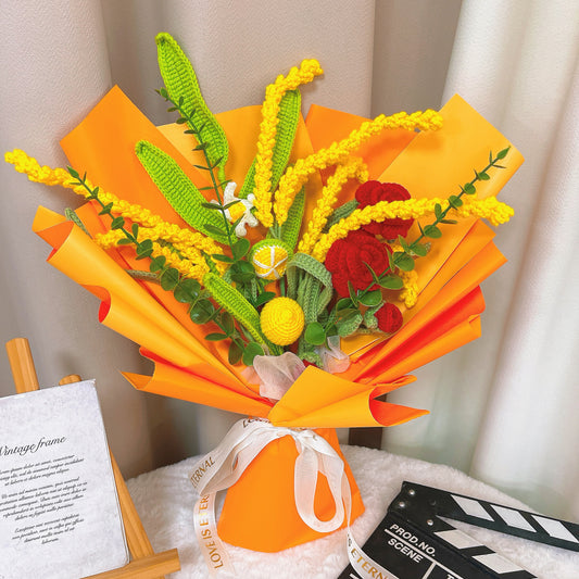 Bouquet d’élégance d’agrumes au crochet fait à la main - Citron, rose et orge - Cadeaux magnifiques pour toute occasion
