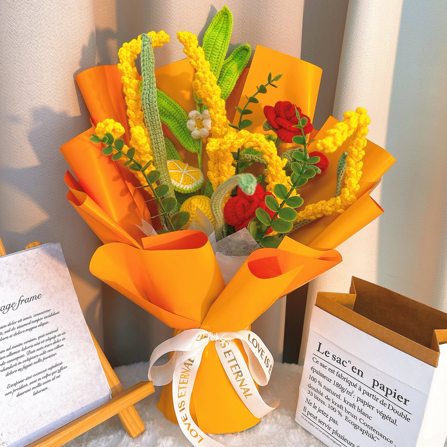 Bouquet d’élégance d’agrumes au crochet fait à la main - Citron, rose et orge - Cadeaux magnifiques pour toute occasion
