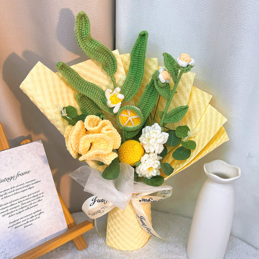Handmade Crocheted Lemon Zest Serenade Bouquet - Lemon, Gardenia, and Carnation - a Symbol of Pure Love and Joy