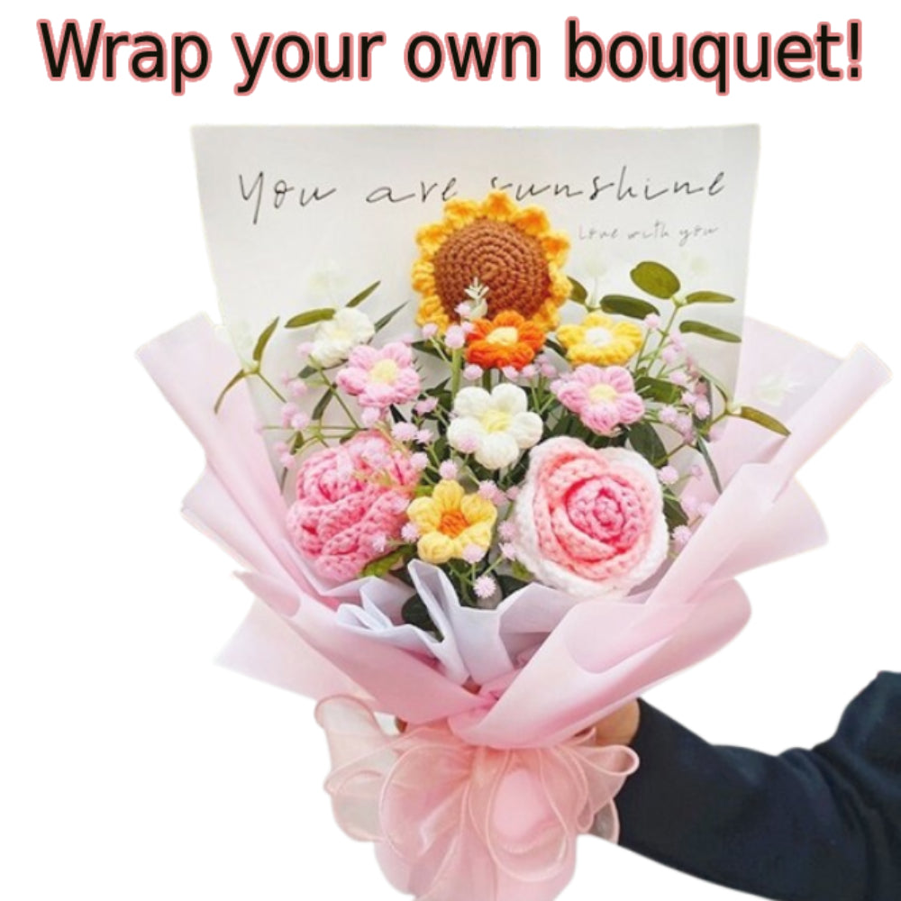 Handmade Crochet Flower Bouquet Self Wrapping Kit - Ready-to-Assemble DIY Floral Arrangement Set with Packaging Supplies & Video Tutorial