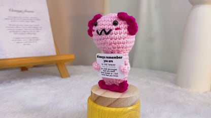 Handmade Crochet Axolotl Figurine, Pink Salamander Plush with Wooden Base, Customizable Card, Positive Affirmation Gift, Cute Desk Decor, Encouragement Gift for Her Him, Birthday, Get Well Soon, Graduation, Thinking of You, Christmas
