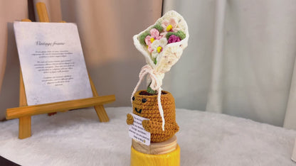 Handmade Crochet Mini Bouquet with Wooden Base, Purple Lavender Handheld Potted Yarn Flowers with Custom Card | Gift for Birthday, Mother's Day, Anniversary, Graduation, Get Well Soon