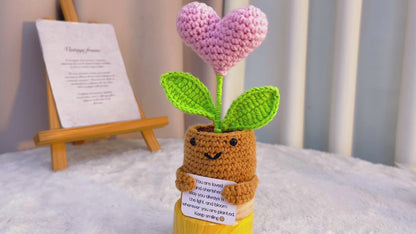 Planta Suculenta de Ganchillo en Forma de Corazón Rojo - Regalo de San Valentín con Mensaje Inspirador "You Are Loved" - Base de Madera y Colores Personalizables - Decoración de Escritorio Antialérgica