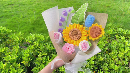 Crochet Flower Beauty Bouquet - Sunflower Light Purple Lily of The Valley Tulip Bud Rose - Hypoallergenic Wedding, Home Decor, Mother's Day Gift