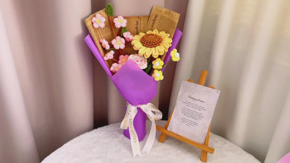 Handmade Crocheted Sunshine and Bliss Flower Bouquet - Sunflowers, Peach Blossoms, Pom-poms, Roses, Gift for Special Someone Birthday Anniversary