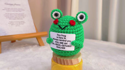 "Un-Frog-gettable Teacher" Handmade Crochet Frog with Wooden Base &amp; Customizable Card, Thank You Teacher Gift, Retirement, End of Year, Classroom Desk Decor