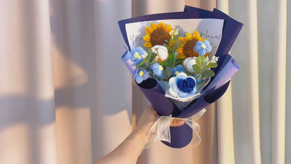 Blue Serenade: Handmade Crocheted Bouquet of Blue Flowers - Sunflowers, Pom-poms, Cotton, and Roses for Valentines