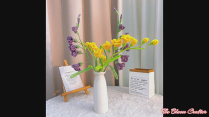 Handmade Crochet Freesia Flower - Yellow and Purple with 5 Blooms and 2 Flower Buds - Perfect Allergy-Friendly Gift for Weddings, Birthdays, and Home Decor