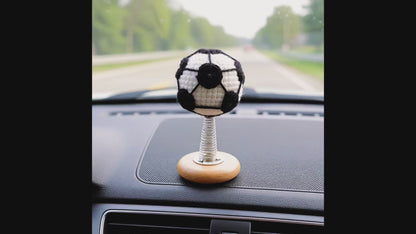 Handmade Crochet Soccer Ball Bobble Figure with Spring Wooden Base, Car Dashboard Decor, Office Desk Wobble Toy, 5x10 cm Mini Sports Ornament, Unique Gift for Football Fans