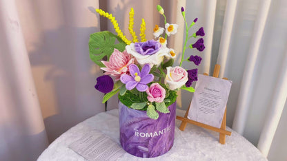 Handmade Crochet Flower Bouquet Bucket with LED Lights, Large Purple Romantic Floral Arrangement in Vase, Artificial Yarn Flowers Home Decor, Realistic Bridal Shower Wedding Centerpiece, Allergy-Free Gift