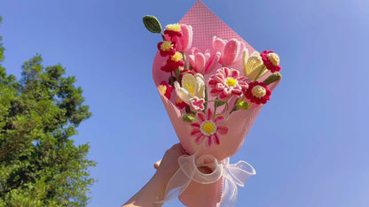 Heartfelt Crochet Flower Bouquet - Blooming Pink & White Tulips, Pink Zinnias, Red Peach Blossoms, Red Daisies, Ice Cream-Style Wrapping -Artificial Flowers for Valentine's Day, Anniversary, Birthday, Mother's Day, Wedding, Home Decor, Gift for Her