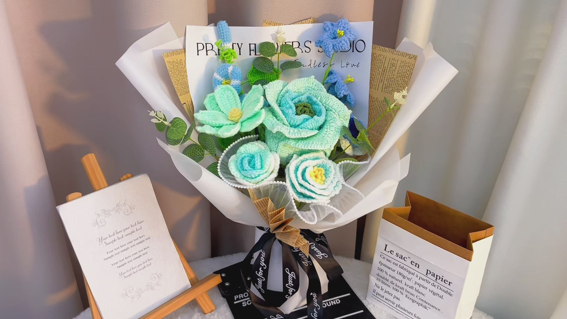 手作りかぎ針編み 花束 幸せを呼ぶティファニーブルー手編みブーケ