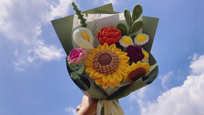 Sunlit Embrace Handmade Crochet Sunflower Bouquet with Bees, White Calla Lily, White Daisy, Rose, Gift for Her, Birthday Anniversary, Allergy-Friendly