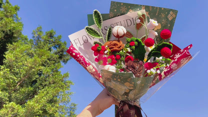 Christmas Crochet Flower Bouquet with LED Lights - Handmade Amigurumi Holiday Arrangement Featuring Poinsettia, Roses, Eucalyptus, Baby's Breath, and Cotton - Allergy-Free Forever Blooms for Christmas Decor, Gift, or Home Decor