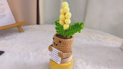 Handmade Crochet Golden Wattle Potted Plant with Wooden Base, Australian Wattle Decor with Custom Card | Yellow Pom-Pom Yarn Flower | Gift for Birthday, Mother's Day, Graduation, Housewarming, Get Well Soon