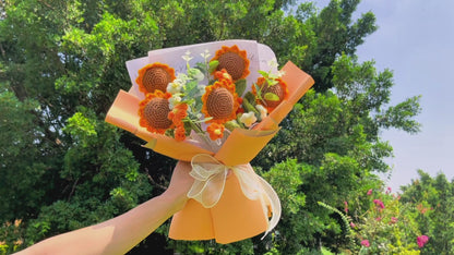 [Shipped from US] Handmade Crocheted Bouquet of Sunflowers and Puffy Flowers - Thoughtful Gifts Home Centerpiece Decor