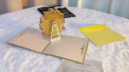 Get Well Greeting Card with Yellow Envelope - Festival-Themed 3D Ferris Wheel for Anniversary Birthday Blessing
