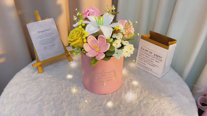 Hand-Crocheted Flower Bouquet in Pink Bucket – Artificial Roses, Lilies, Tulips, Carnations, Baby’s Breath & More – Hypoallergenic, Allergy-Free Gift for Mother’s Day, Wedding, Birthday, Home Decor