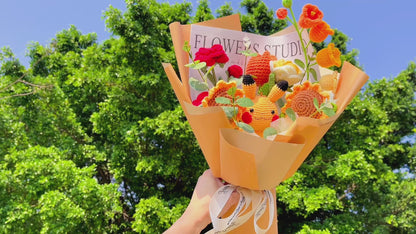 Handcrafted Crochet Poké Themed Flower Bouquet - Red Rose, Orange Tulip, White-Yellow Rose, Sunflower, White-Orange Gradient Lily of the Valley with Faux Money Leaves - Perfect Allergy-Free Gift for Anime Birthdays, Anniversaries, and Special Occasions