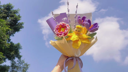 Crochet Bouquet with Transforming Fairy Princess Tulip, Handmade Flower Pink Peony Lavender Freesia Purple Tulip Yellow Dress Lady Flower, Allergy-Free Gift for Her Daughter Niece, Birthday Valentine's Day