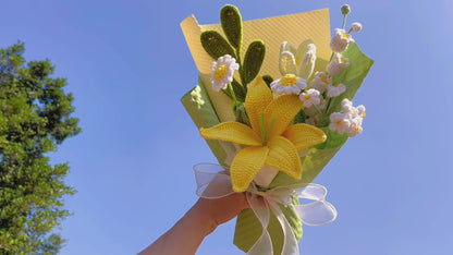 Handmade Crochet Lily and Tulip Flower Bouquet - Lily of the Valley, Forget-Me-Nots & White Daisies，Artificial Forever Flowers for Wedding, Bridal Bouquet, Anniversary, Mother's Day, Sympathy
